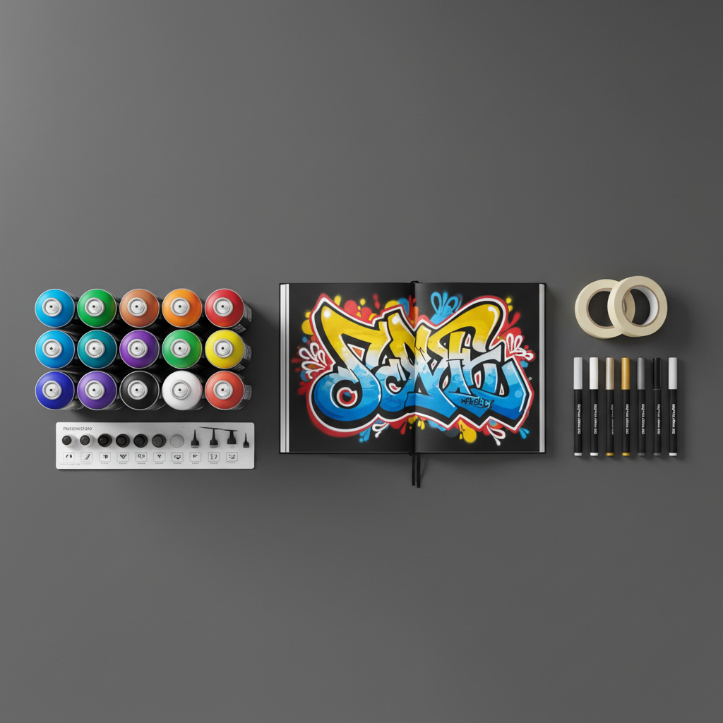 An organized online-shop style flat lay of street-art materials displayed on a smooth charcoal-grey tabletop: new graffiti spray paint cans in a wide spectrum of colors, replacement caps with different spray widths, masking tape rolls, paint markers, and a sleek sketchbook opened to a page of abstract letterforms inspired by Turkish street culture but without legible words. Overhead photographic realism lighting is bright and evenly diffused, eliminating harsh shadows while leaving subtle, soft-edged ones for depth. The composition is carefully balanced from a bird’s eye view, with products spaced to feel modern and minimalist. A faint reflection on the table surface adds polish, suggesting a professional, online-only store. The mood is bold yet organized, perfect for showcasing product variety on a homepage or catalog section.