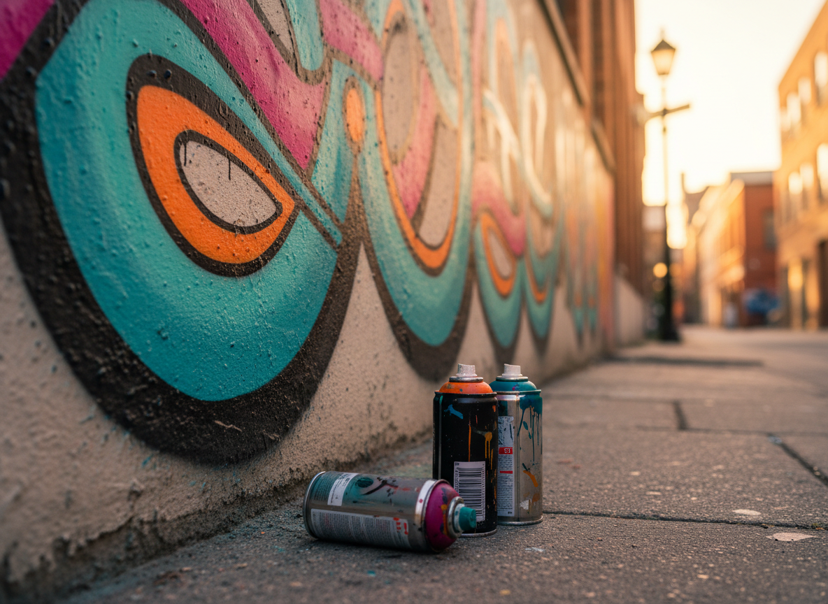 A close-up, photographic view of a textured exterior wall partially covered with layered graffiti, focusing on the crisp edges and gradients created by high-quality spray paint. Vivid colors—turquoise, magenta, citrus orange, and glossy black—interlock in bold abstract shapes reminiscent of Turkish calligraphic curves without forming readable text. At the base of the wall, several well-used spray cans lie on slightly dusty pavement, their caps stained with paint. Late afternoon golden light grazes the wall at an angle, enhancing the rough plaster texture and making the colors pop. The mood is dynamic and rebellious, with a low-angle composition and shallow depth of field that keeps the foreground in sharp focus while the rest of the alley fades into a soft, urban bokeh.