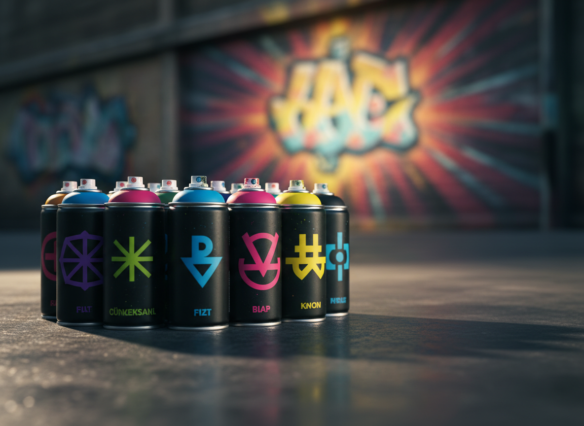 A bold collection of professional graffiti spray paint cans arranged in a tight semicircle on a clean, dark concrete surface, labels facing forward with rich Turkish color names in abstract graphic symbols instead of text. The cans display vibrant, saturated hues from neon pinks and electric blues to deep matte blacks, some nozzles lightly dusted with overspray. Photographic realism with crisp detail shows subtle reflections in the metal rims. A blurred urban wall in the background glows with colorful, out-of-focus street art. Dramatic side lighting creates strong highlights on the cans and long, edgy shadows, evoking an energetic, urban atmosphere. Shot at eye level with a shallow depth of field and a rule-of-thirds composition for a powerful, modern hero image for an online-only graffiti supply brand.