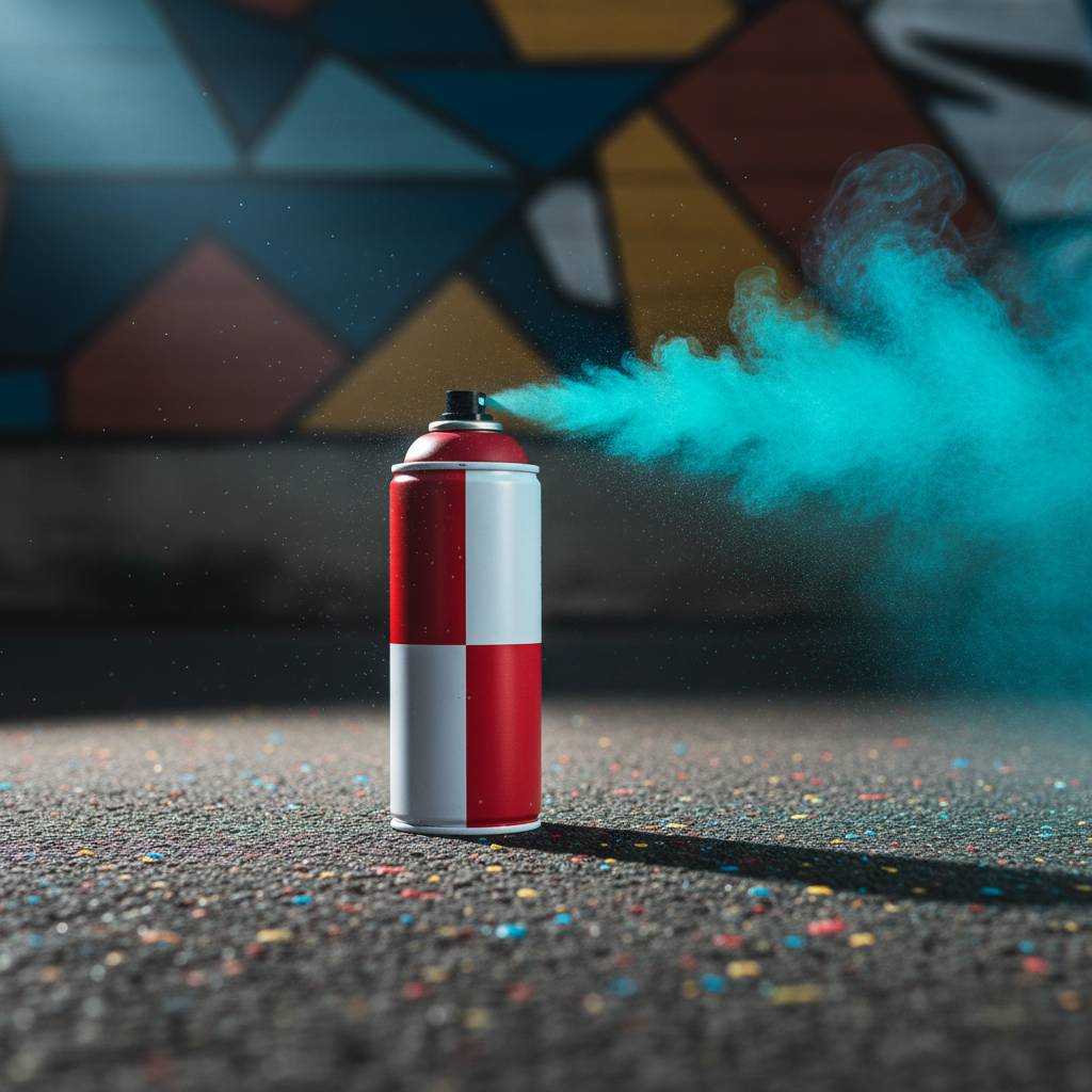 A dramatic, photographic close-up of a single premium graffiti spray can standing upright on rough, dark asphalt speckled with tiny paint drops. The can’s body features a minimalist, bold design with geometric shapes in red and white instead of words or logos, while a bright cyan paint mist lingers mid-air around the nozzle, frozen in time. A faint outline of a colorful wall with abstract shapes inspired by Istanbul streets appears softly blurred in the background. A narrow beam of cool studio light from the top-left creates a spotlight effect, casting a sharp, elongated shadow and catching tiny droplets in the air. Captured from a low angle with shallow depth of field, the mood is intense, modern, and daring, ideal for emphasizing product quality and performance.