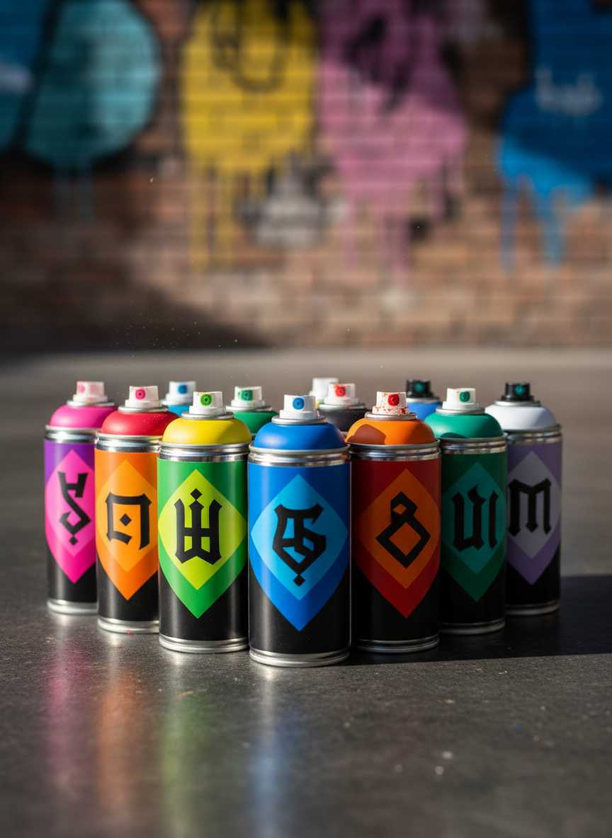 A bold collection of professional graffiti spray paint cans arranged in a tight semicircle on a clean, dark concrete surface, labels facing forward with rich Turkish color names in abstract graphic symbols instead of text. The cans display vibrant, saturated hues from neon pinks and electric blues to deep matte blacks, some nozzles lightly dusted with overspray. Photographic realism with crisp detail shows subtle reflections in the metal rims. A blurred urban wall in the background glows with colorful, out-of-focus street art. Dramatic side lighting creates strong highlights on the cans and long, edgy shadows, evoking an energetic, urban atmosphere. Shot at eye level with a shallow depth of field and a rule-of-thirds composition for a powerful, modern hero image for an online-only graffiti supply brand.