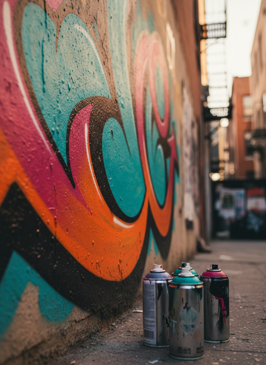 A close-up, photographic view of a textured exterior wall partially covered with layered graffiti, focusing on the crisp edges and gradients created by high-quality spray paint. Vivid colors—turquoise, magenta, citrus orange, and glossy black—interlock in bold abstract shapes reminiscent of Turkish calligraphic curves without forming readable text. At the base of the wall, several well-used spray cans lie on slightly dusty pavement, their caps stained with paint. Late afternoon golden light grazes the wall at an angle, enhancing the rough plaster texture and making the colors pop. The mood is dynamic and rebellious, with a low-angle composition and shallow depth of field that keeps the foreground in sharp focus while the rest of the alley fades into a soft, urban bokeh.