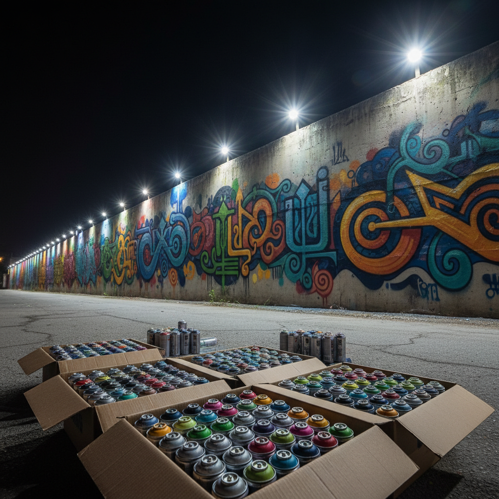 A wide, cinematic, photographic shot of a long urban wall at night fully covered in vibrant, high-detail graffiti created with premium spray paints, featuring abstract patterns, stylized symbols, and dynamic shapes influenced by Turkish street aesthetics but no readable text. The wall is illuminated by a row of unseen overhead lights casting pools of cool white light that make the saturated colors glow against the dark sky. On the ground in the foreground, neatly arranged boxes of spray cans sit open, revealing perfectly lined rows of colors. The camera is positioned at a slightly low angle, using a deep depth of field to keep both foreground products and background artwork sharply in focus. The scene feels bold, electric, and energetic, perfectly capturing the spirit of late-night street art sessions.